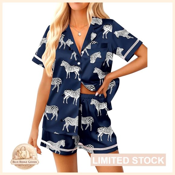 Satin Pajama Set Button Up Short Sleeve Lounge Wear Cute Modern
